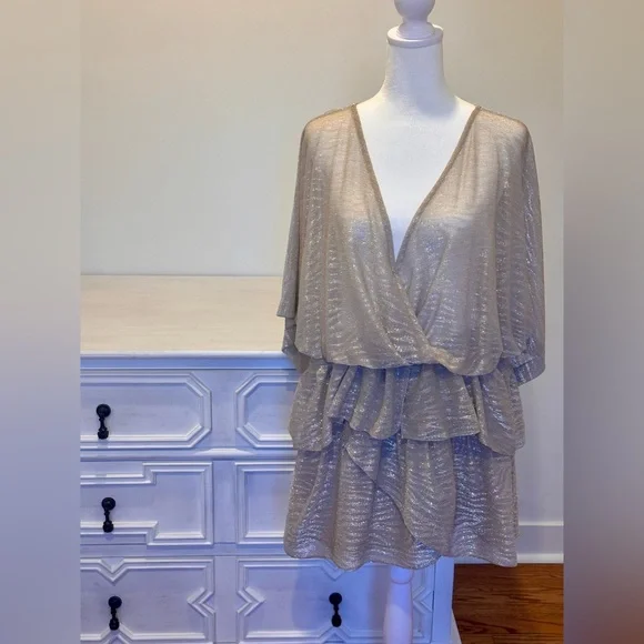 IRO Ruffled Gold Lame Wide Tiered Mini Dress - Picture 3 of 6